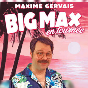 Photo d'un humoriste souriant en chemise fleurie avec le titre de son spectacle