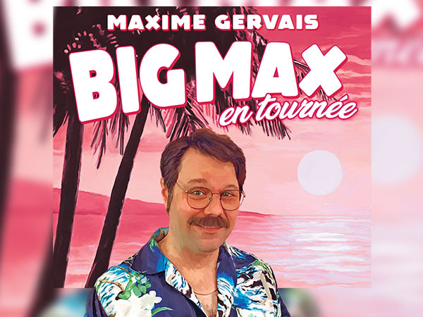 Photo d'un humoriste souriant en chemise fleurie avec le titre de son spectacle